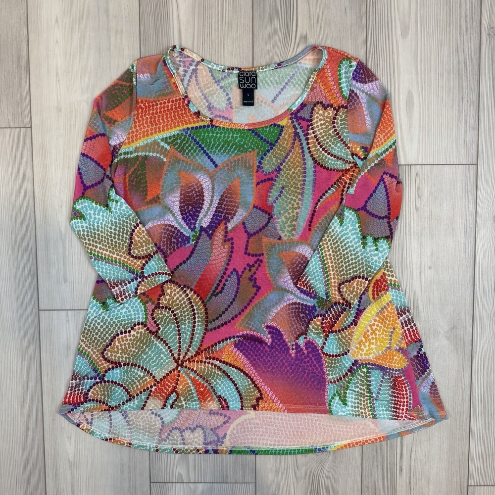 Clara Sun Woo Women's Large Colorful Printed Liquid Knit Blouse Shirt
